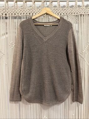 RD Style Taupe V-Neck Mixed-Knit Sweater
